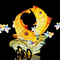 Illuminated Landscape Sculpture With Two Golden Koi Fish Curved Bodies And Butterfly Decorations