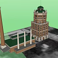 Historic Tower Style Office Building Exterior Design With Adjacent Chimney And Low Rise Structure