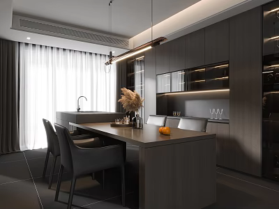 Modern Restaurant Interior With Dark Cabinets Dining Table Pendant Lights Fresh Flowers And Curtains 3d model