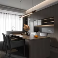 Modern Restaurant Interior With Dark Cabinets Dining Table Pendant Lights Fresh Flowers And Curtains