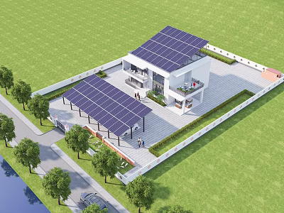 Modern Detached Villa With Solar Panels On Roof Green Lawn And Surrounding Trees 3d model
