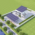 Modern Detached Villa With Solar Panels On Roof Green Lawn And Surrounding Trees