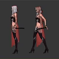 Group of Female Characters with White Hair Red Capes and Black Boots Holding Weapons