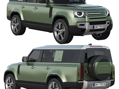 Green Land Rover Defender SUV With Alloy Wheels Spare Tire And LED Headlights 3d model