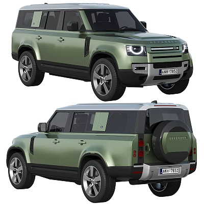 Green Land Rover Defender SUV With Alloy Wheels Spare Tire And LED Headlights 3d model