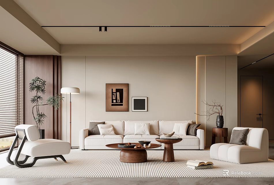 Elegant Modern Living Room With Beige Sofa Round Coffee Table White Accent Chair Wall Art 3d model 