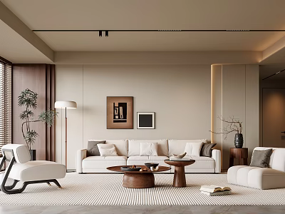 Elegant Modern Living Room With Beige Sofa Round Coffee Table White Accent Chair Wall Art 3d model