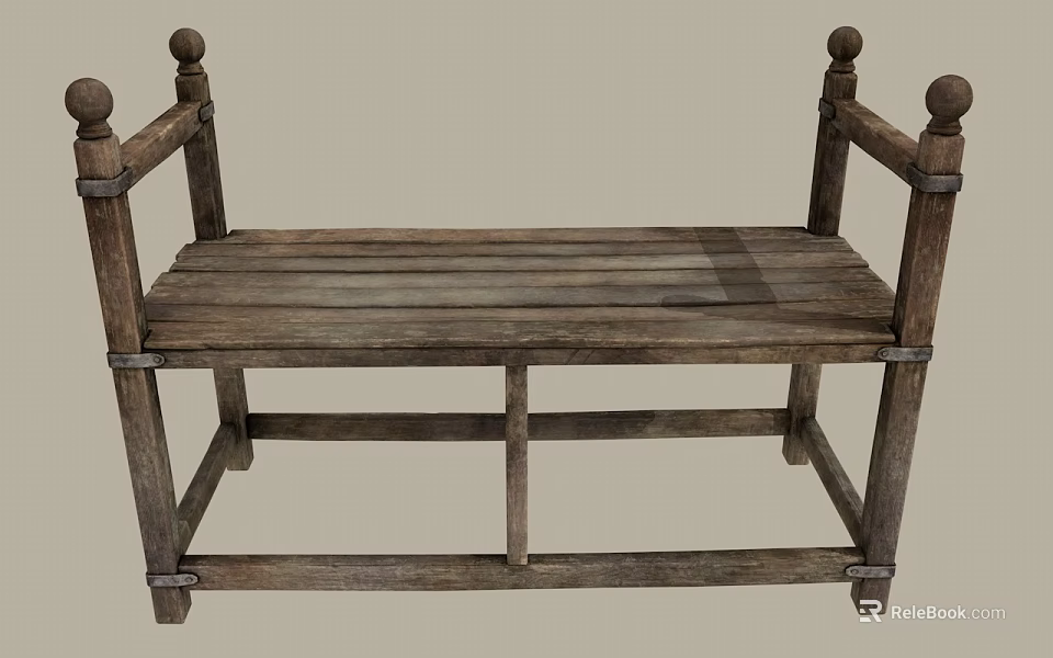 Rustic Wooden Single Chair With Armrest Round Knobs And Slat Seat Design 3d model