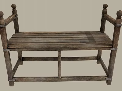 Rustic Wooden Single Chair With Armrest Round Knobs And Slat Seat Design 3d model