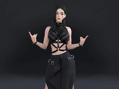 Woman With Long Black Hair In Black Crisscross Strap Sleeveless Top And Side Slit Skirt 3d model