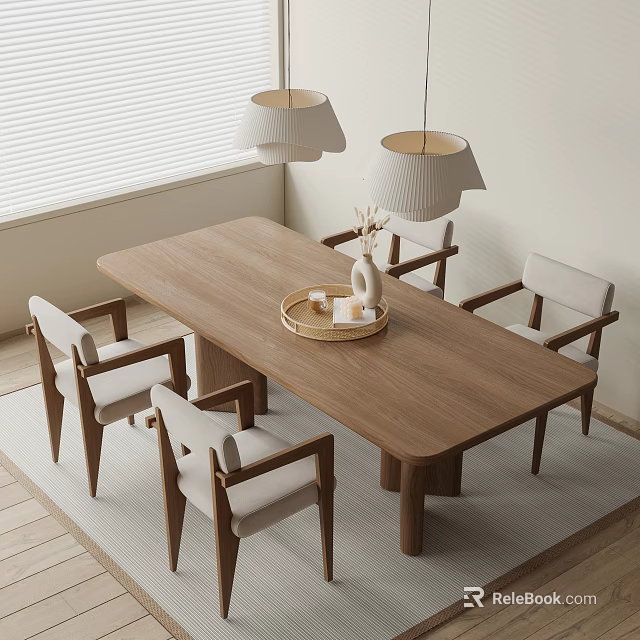 Modern Minimalist Dining Table Set With Wooden Table Four Chairs And Pendant Lights 3d model 