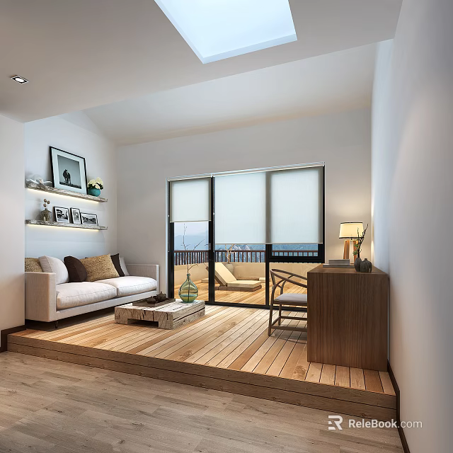 Modern Living Room Interior With White Sofa Wooden Floor Floor-to-Ceiling Windows And Sea View 3d model 