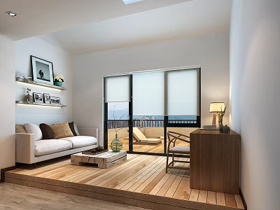 Modern Living Room Interior With White Sofa Wooden Floor Floor-to-Ceiling Windows And Sea View 3d model