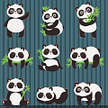 Cute Panda Wall Decor With Various Poses And Bamboo On Blue Striped Background