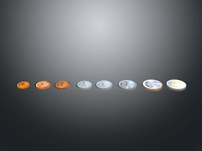 Carved Coin Sculptures In Different Colors Arranged In A Row With Metallic Finish 3d model