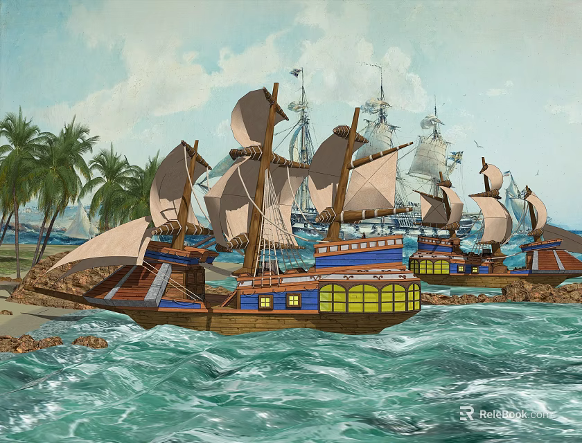 Traditional Wooden Sailing Boats With Palm Trees On Ocean Waves Near Beach 3d model 