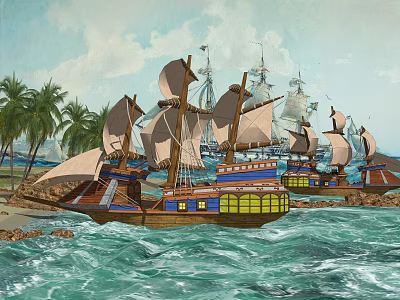 Traditional Wooden Sailing Boats With Palm Trees On Ocean Waves Near Beach 3d model