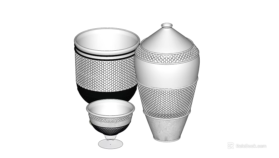 Modern Decorative Ornament Set With Textured Mesh Patterns And Various Shapes 3d model 