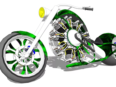 Green Custom Motorcycle with Large Wheels Yellow Headlight and Unique Design 3d model