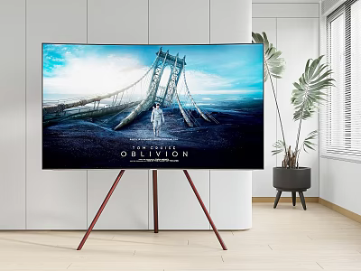 Modern Television on Tripod Stand Showing Movie Oblivion Scene in Bright Room with Potted Plant 3d model