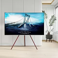 Modern Television on Tripod Stand Showing Movie Oblivion Scene in Bright Room with Potted Plant