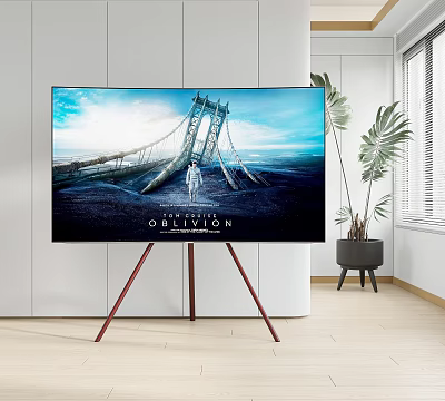 Modern Television on Tripod Stand Showing Movie Oblivion Scene in Bright Room with Potted Plant 3d model