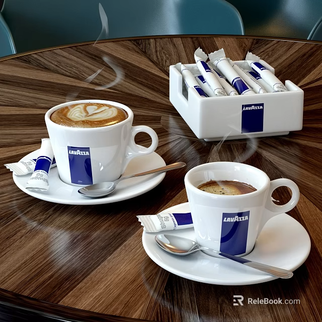 Lavazza Steaming Coffee Cups With Latte Art And Sachets On Wooden Table 3d model 