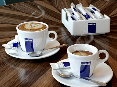 Lavazza Steaming Coffee Cups With Latte Art And Sachets On Wooden Table 3d model