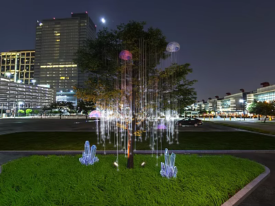 Tree Pit With Green Lawn And Hanging Decorative Lights In Urban Night View 3d model