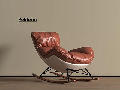Elegant Brown Leather Rocking Chair With Curved Design White Base And Wooden Rockers 3d model