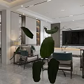 Modern Living and Dining Room Interior Design With Gray Flooring Green Chairs TV Wall