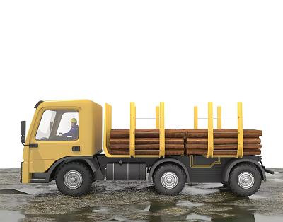 Yellow Functional Truck Transporting Logs With Wooden Rails And Driver On Wet Ground 3d model