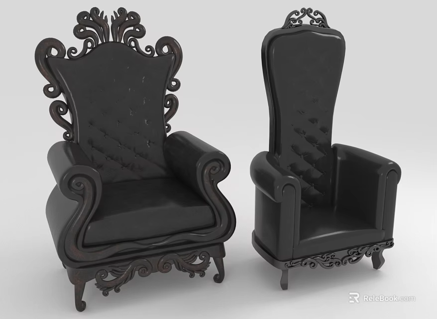 Black Leather Single Sofa With Ornate Carved Scroll Arms And Classic Design 3d model 
