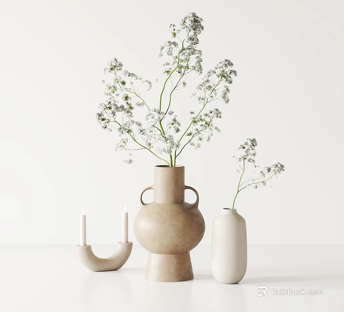 Minimalist Beige and White Ceramic Vases with Flowers and Candle Holder on White Tabletop 3d model 