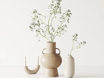 Minimalist Beige and White Ceramic Vases with Flowers and Candle Holder on White Tabletop 3d model