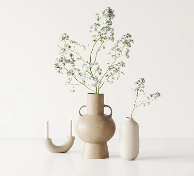 Minimalist Beige and White Ceramic Vases with Flowers and Candle Holder on White Tabletop 3d model