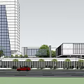 Modern Glass Office Building with Surrounding Greenery Public Square and Pedestrian Areas
