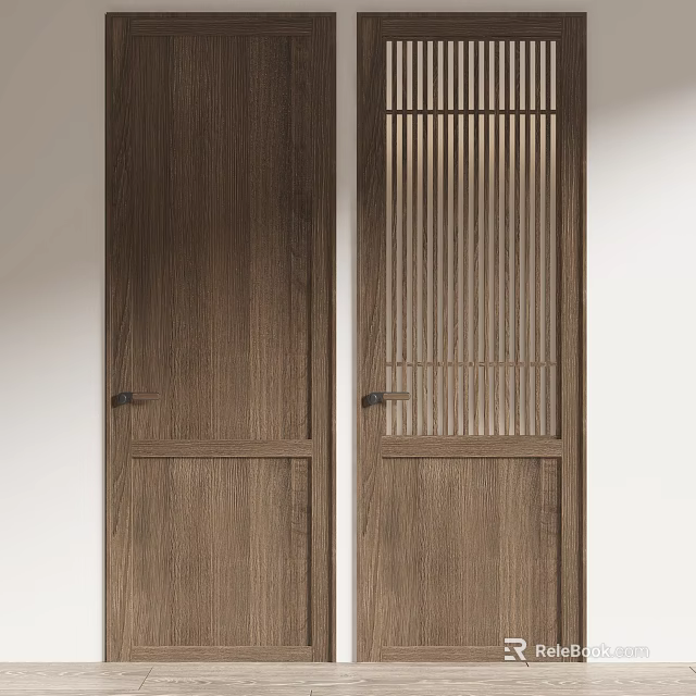 Modern Wooden Swing Doors With Lattice Design And Solid Panel In Natural Brown 3d model 