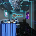 Modern KTV Interior Design with Blue Neon Lights Sofa Table TV Screen and Marble Floor