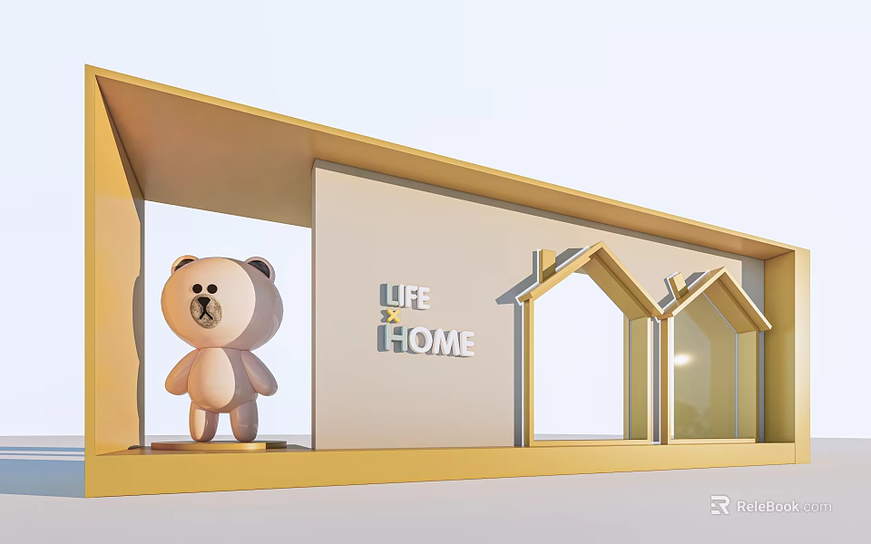 Stylish Window Display Featuring Teddy Bear LIFE & HOME Text And House Shaped Designs 3d model