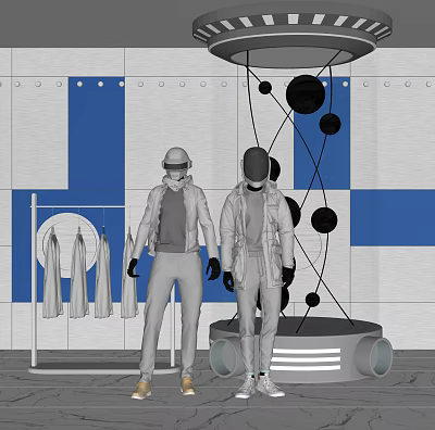 Fashion Models In Stylish Outfits With Blue White Walls Hanging Clothes And Black Spherical Decorations 3d model