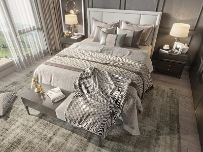 Elegant Double Bed with Upholstered Headboard Pillows Blanket and Bench in Modern Bedroom 3d model