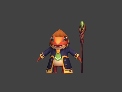 Cartoon Style Game Movie Character With Blue Coat Yellow Trim Holding Green Gem Staff 3d model