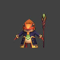 Cartoon Style Game Movie Character With Blue Coat Yellow Trim Holding Green Gem Staff
