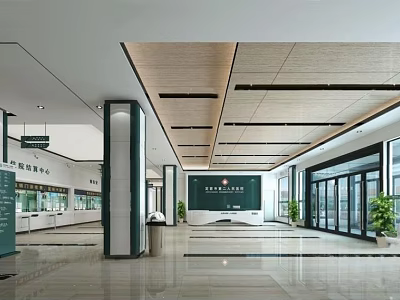 Spacious Modern Lobby Interior With Marble Floor Wooden Ceiling And Exhibition Cabinets 3d model
