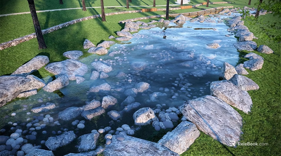 Waterfront Landscape Design With Lush Grass Trees And Natural Rock Pond 3d model 