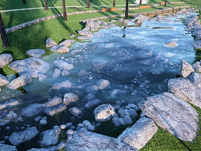 Waterfront Landscape Design With Lush Grass Trees And Natural Rock Pond 3d model