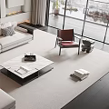Modern Living Room Sofa Coffee Table Set With Accent Chair Potted Plant And Large Windows