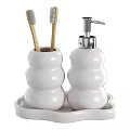 Daily Washing Essentials With Ceramic Holders Soap Dispenser Tray Skincare Tubes And Wooden Combs