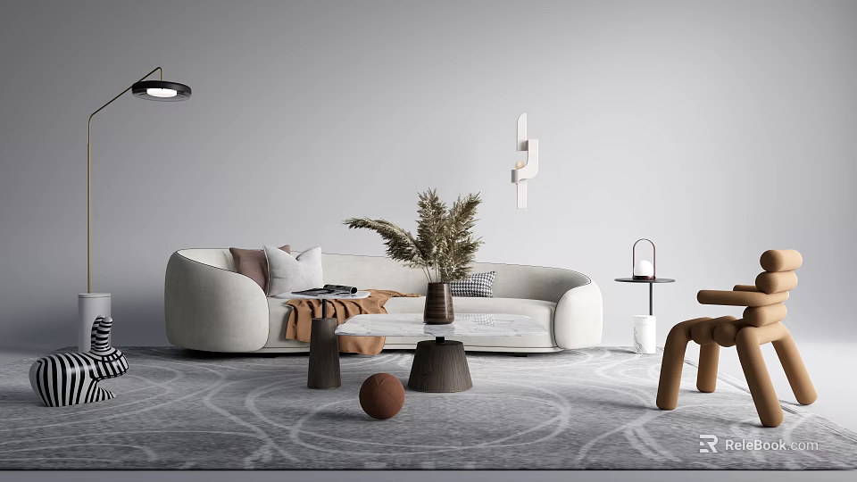 Modern Light-colored Sofa and Coffee Table Set With Pillows Throw Blanket Plant and Area Rug 3d model 